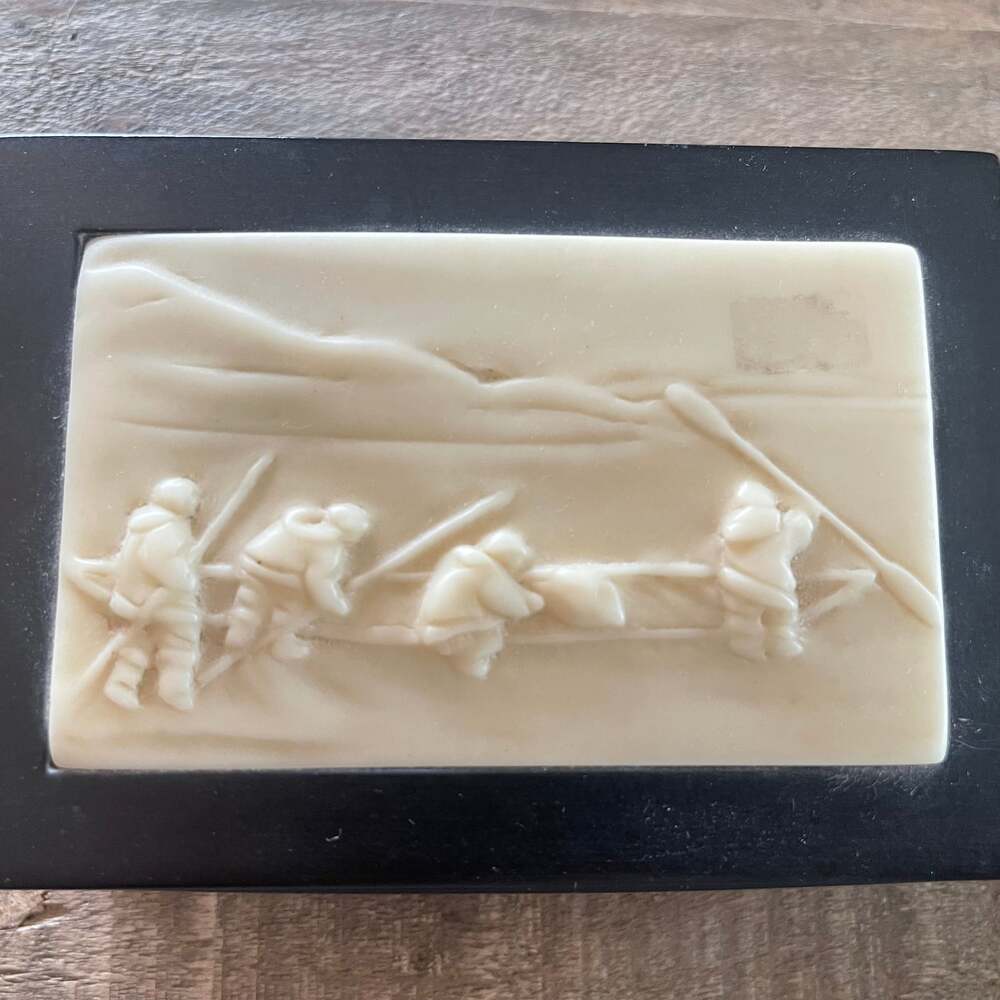 Incolay Stone Trinket Box with Men Playing Cards Relief